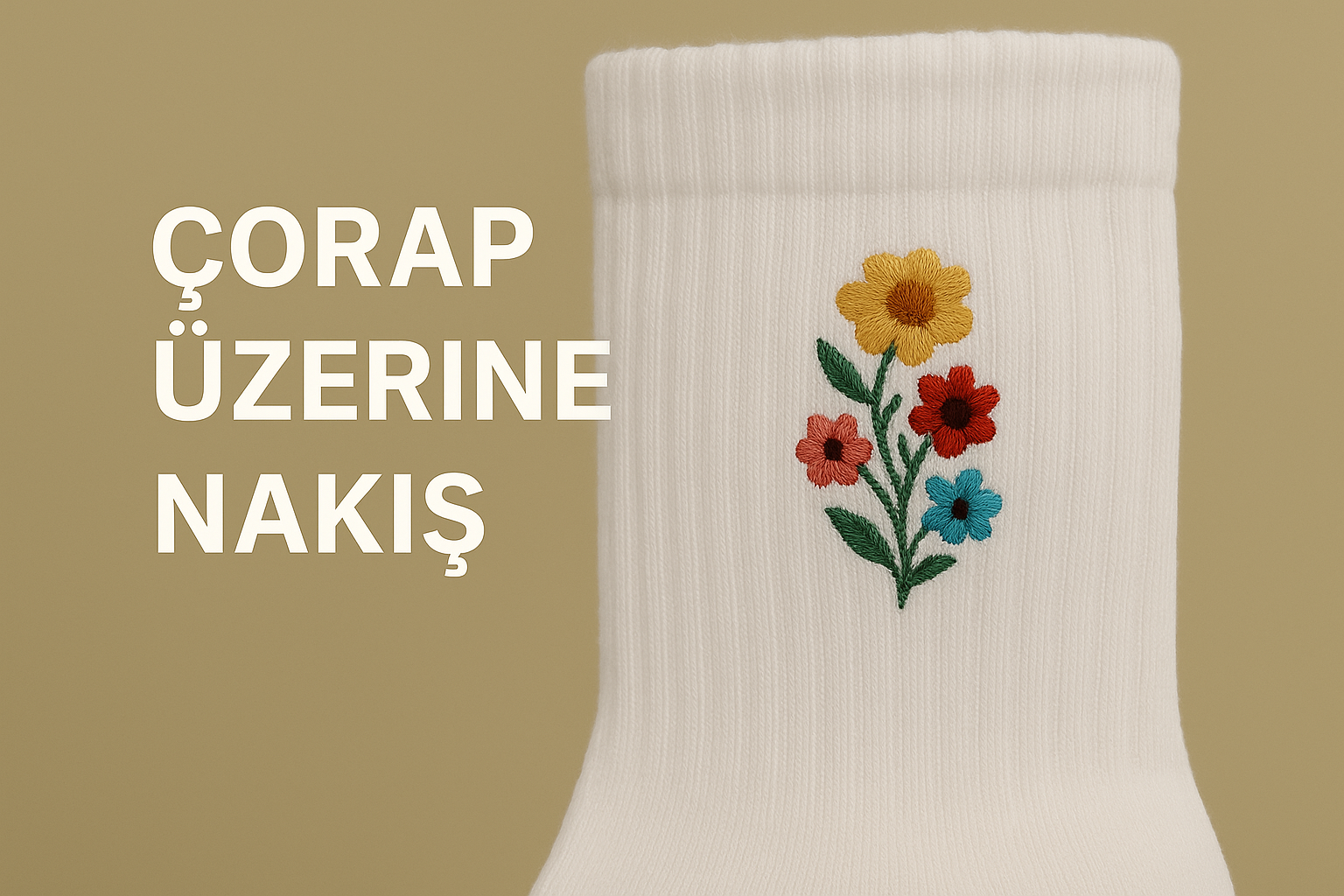 Beyaz çorap üzerine işlenmiş renkli çiçek desenli nakış detayı