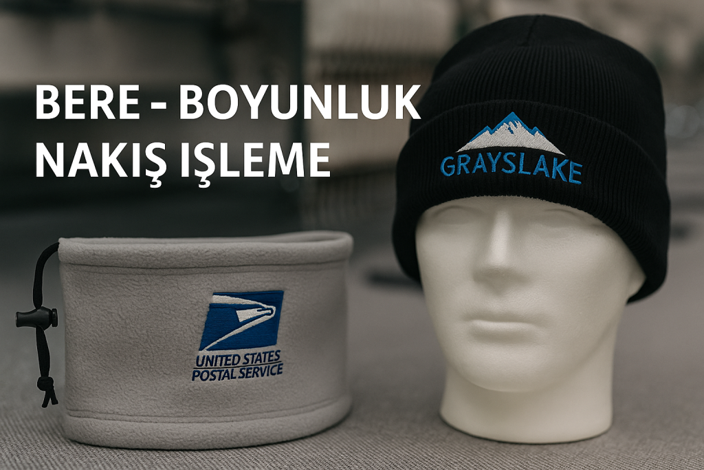 Grayslake logolu siyah bere ve United States Postal Service logolu gri boyunluk üzerine nakış işleme