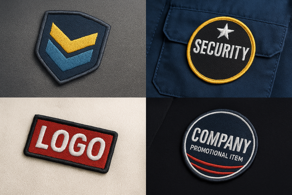 Dört farklı kumaş üzerine işlenmiş armalar ve nakışlı patch örnekleri: güvenlik rozeti, promosyon etiketi, modern geometrik arma ve logolu patch.