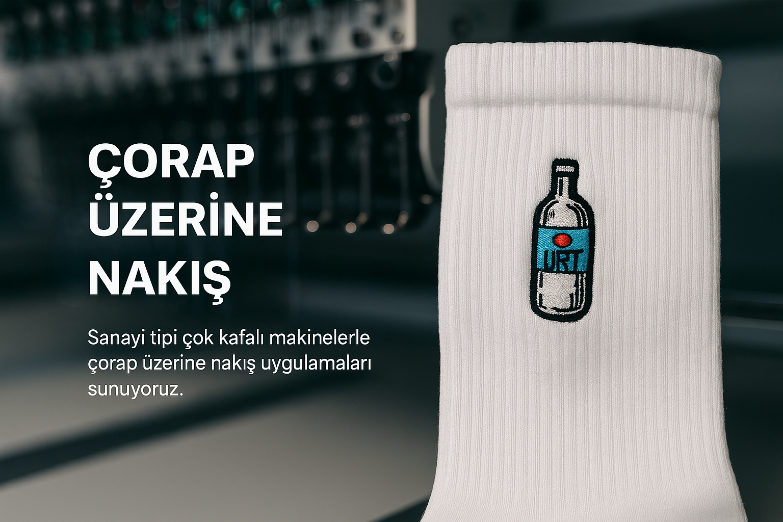 Beyaz çorap üzerinde şişe desenli nakış ve arka planda sanayi tipi nakış makinesi