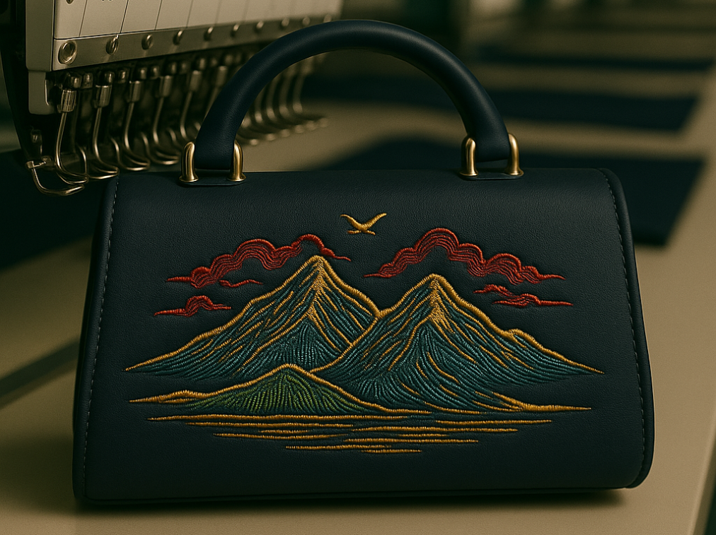Sanayi tipi nakış makinesi altında işlem gören lacivert deri el çantası