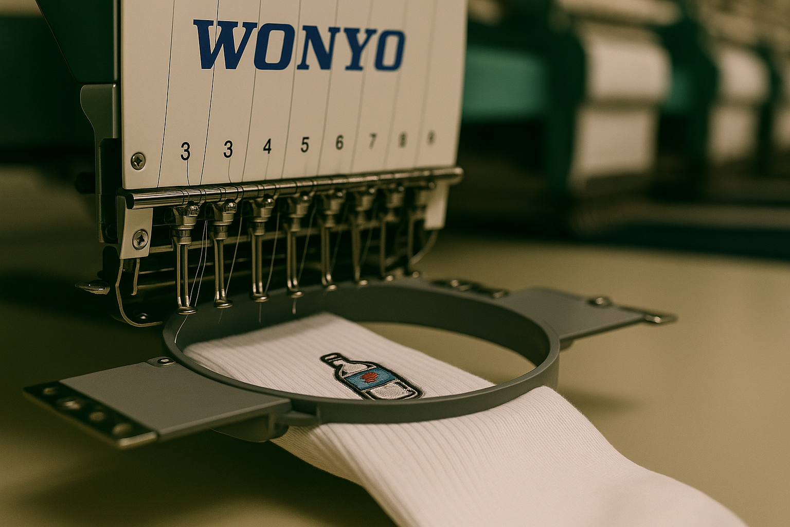 sanayi tipi nakış makinesi ile çorap üzerine yapılan nakış işlemi