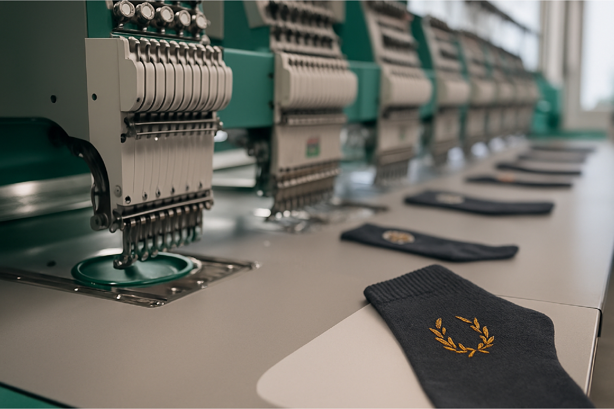 Sanayi tipi nakış makineleriyle çorap üzerine yapılan endüstriyel nakış işlemi Industrial embroidery machines stitching socks in a production line