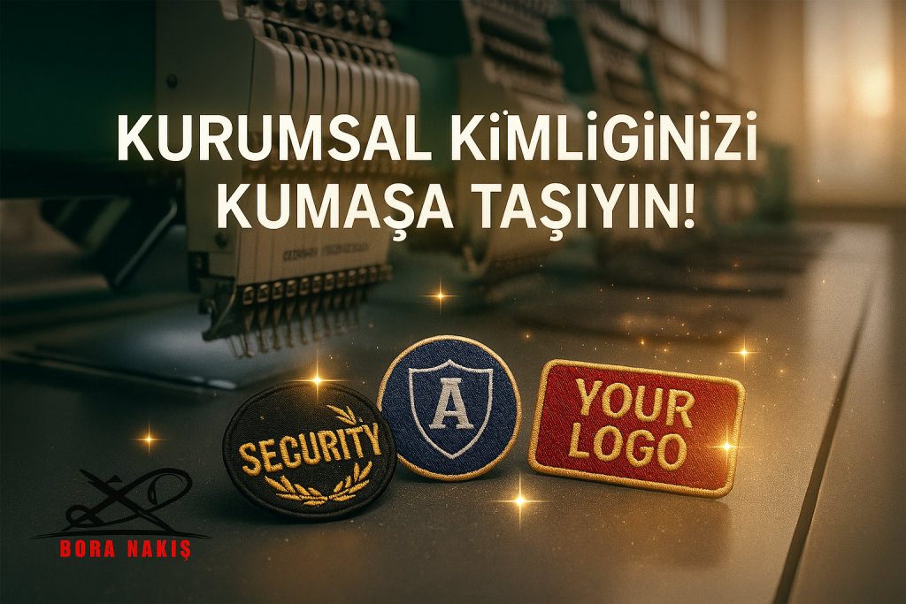 Sanayi tipi nakış makinesi önünde yer alan kurumsal logolu arma ve patch nakışları
