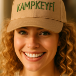 KAMPKEYFİ yazılı kişiye özel nakışlı bej şapka – gülen kadın model üzerinde