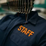 Sanayi tipi nakış makinesinde personel üniformasına STAFF yazısı işleniyor