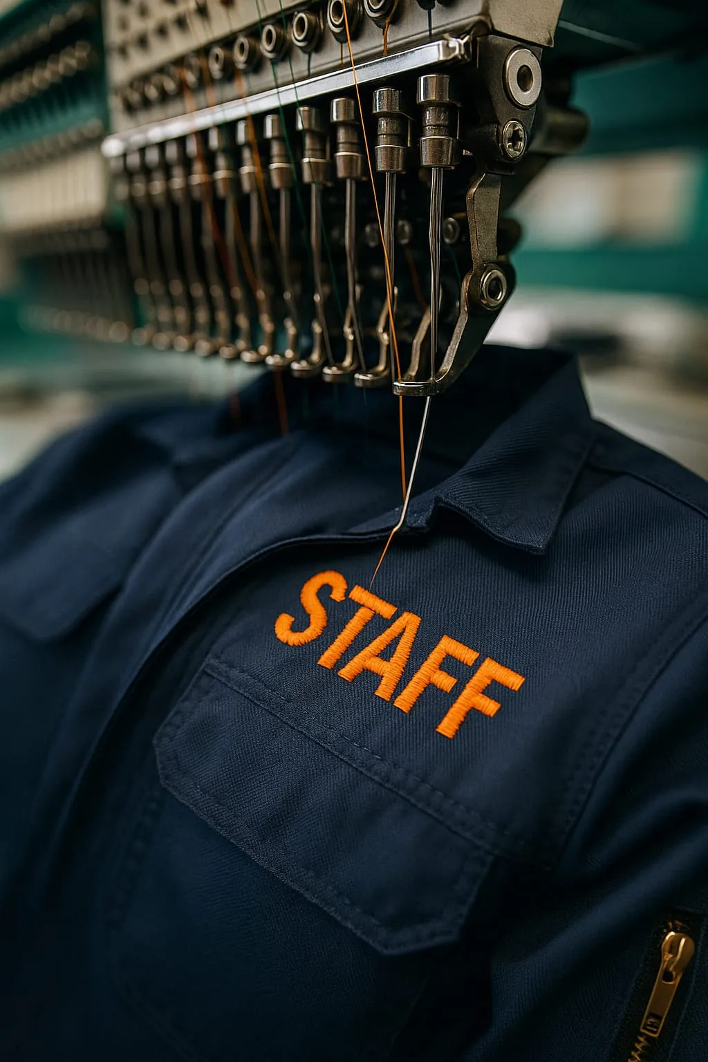 Personel Üniforması Üzerine Nakış – STAFF Yazısı Sanayi tipi nakış makinesinde personel üniformasına STAFF yazısı işleniyor